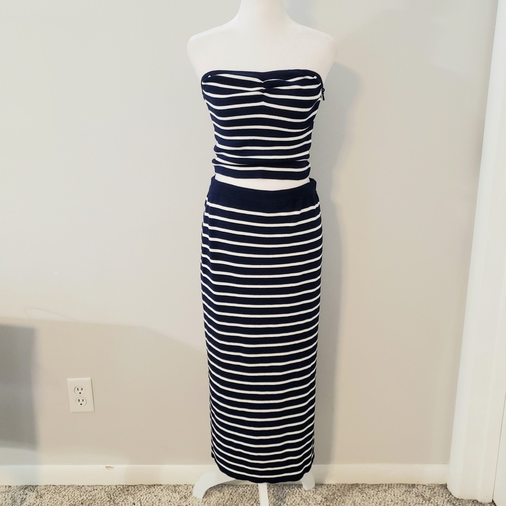 Freshman 1996 Two Piece Nautical Sweater Top Skirt Set LG Coastal Preppy Striped